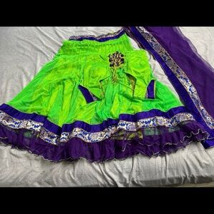 Vibrant Green with Blue border three piece Women's Lehenga , Choli and Dupetta